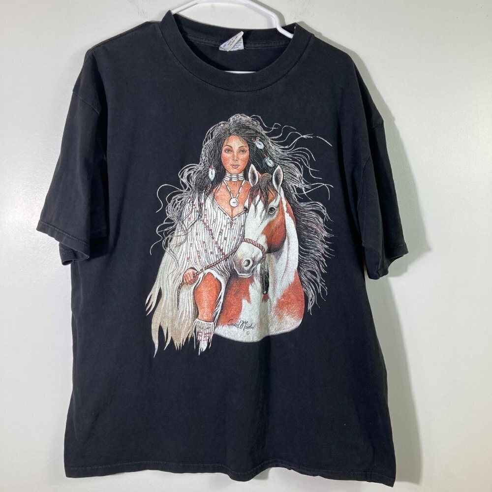 Womens Vintage Gildan Southwestern Girl Feathers Horse Tee Shirt Black XL Flaw
